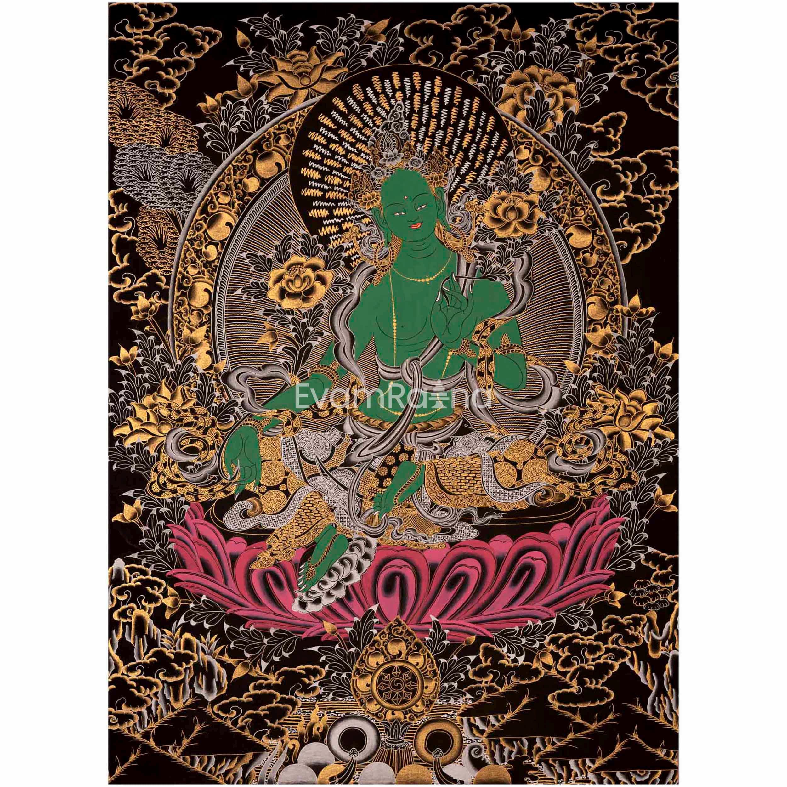 Green Tara Thangka | Original Hand Painted Artwork | Healing Female Deity | Wall Decoration Painting | Art Painting For Meditation Gifts