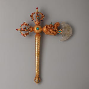 Gold-Plated Buddhist Kartika Axe | Handcrafted Buddhist Vajra Axe with Crystal, Coral & Turquoise | Copper Sacred Tool | Sacred Ritual Tool