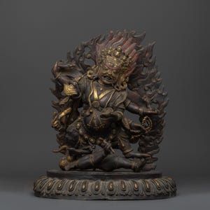 Handcrafted Copper Mahakala Statue | Gold Plated Copper Sculpture | Buddhist Protector Deity | Tibetan Shrine Decor | Antique Finish Artwork