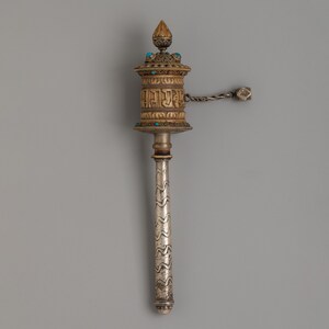 Handcrafted Prayer Wheel for Dharma | Copper, Silver and Ethically Sourced Buffalo Bone Artwork | Tibetan 23.5 cm Ritual Tool for Meditation
