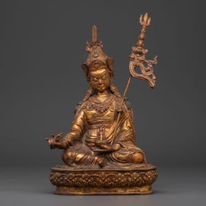 Himalayan Padmasambhava Statue | Oxidized Copper and Gold Plated Tibetan Buddhist Sculpture | Guru Rinpoche Spiritual Altar Decor Piece