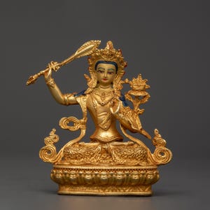 Handcrafted Sculpture of Manjushri | Sacred Bodhisattva of Wisdom Deity | Gold-Plated Copper Figurine | Himalayan Statue for Buddhist Shrine