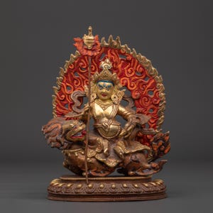 Wealth Deity Namtoshe Copper Statue | Gold Plated with Acrylic Color | Vaishravana Lord of Wealth | Guardian of the North | Sacred Artwork