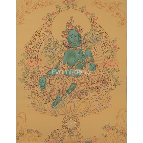 手描き 肉筆画 グリーンターラー 緑多羅菩薩 タンカ 曼荼羅 38 × 26