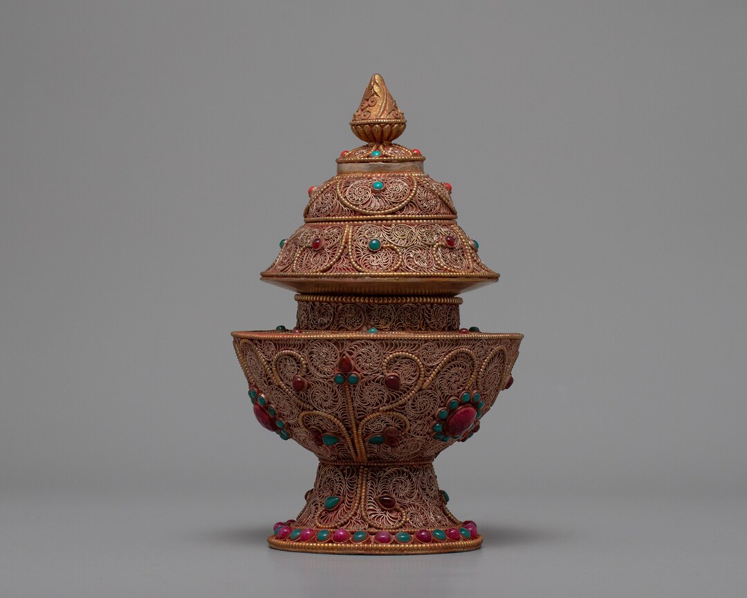 Buddhist Dhupur Rice Offering Pot Tibetan Nhyashi With Seku Metalwork Traditional Ritual Item