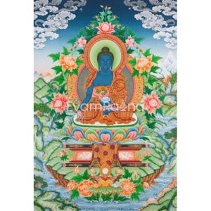 Healing Medicine Buddha Thangka | Bhaisajyaguru Tibetan Art | Spiritual Wall Decor | Buddhist Healing Thangka | Exclusive Eri Style Artwork