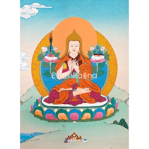 Small Tsongkhapa Thangka | Tibetan Buddhist Master Je Tsongkhapa Painting, Original Hand Painted Meditation Thangka | Spiritual Wall Art
