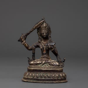 Copper Manjushri Bodhisattva Sculpture: 12cm Figurine, Antique Finish