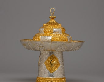 Copri tazza da tè Dhakya / Perfetto per gli appassionati di tè e da esposizione artistica / Vaso con simboli di buon auspicio placcato in oro 24k / Vaso da tè rituale sacro