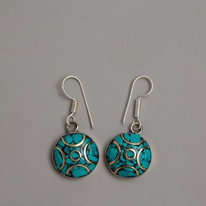 Turquoise Silver Earrings from the Himalayas | Gemstones Ear Rings | Buddhism Jewelry | Traditional Dangle Drop Gift | Round Boho Jewellery