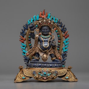 Tibetan Bodhisattva Vajrapani Lapis Statue | Wrathful Deity Chana Dorje Sculpture | Turquoise & Coral Gems Inlay | Himalayan Art |Home Decor