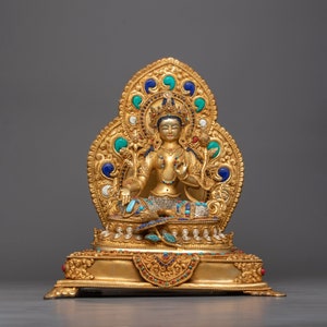 Female Buddha Arya Green Tara Goddess Statue | Handcrafted with electro 24K Gold Plated | Tibetan Mother Dolma Zen Sculpture | Home Decors