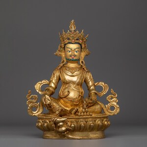 Gold-Plated Dzambhala Kuber Statue for Prosperity & Abundance | Buddhist Wealth Deity Figurine with Turquoise and Coral Inlay | Sacred Art