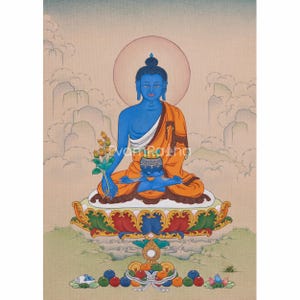 Sacred Compact Medicine Buddha Thangka | Hand-Painted Bhaisajyaguru | Buddha of Healing | Tibetan Buddhist Art | Wall Art | Spiritual Decor