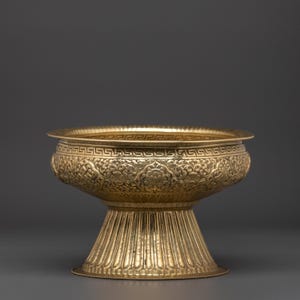 Brass Food Offering Bowl | Handcrafted Ritual Offering Vessel with Floral Motifs | Tibetan Altar Decor for Puja & Temple | Meditation Space