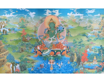 Rare Jetsun Dolma Thangka Print | Green Tara | Horizontal Large Tara Thangka  | Spiritual Decorations | Spiritual Gift Ideas | Made in Nepal