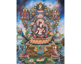Buddhist Deity Thangka Prints | Bodhisattva Tara With Vairocana Buddha, Amitayus and Ushnishavijaya | Newari Art Style | Digital Prints