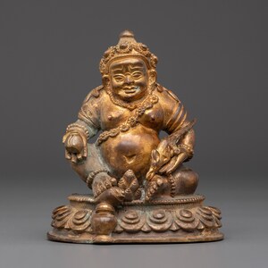 Gold Plated Copper Dzambhala Statue: Tibetan Buddhist Wealth God