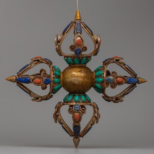 Bishwo Vajra | Tibetan Double Dorje Vajra | Tibetan Ritual Item | Beautiful Vajra with Gemstone | Rare Nepal Hand Made | Buddhist Home Decor