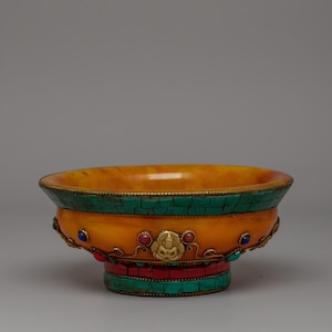 Traditional Tibetan Offering Bowl | Handcrafted Amber Bowl with Turquoise | Buddhist Ritual and Altar Offering Vessel | Dharma Shrine Art