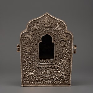 Buddhist Tibetan Treasure Box | Handcrafted Ghau Box with Auspicious Symbols in Pure Silver | Sacred Ghau Box with Carvings & Antique Finish