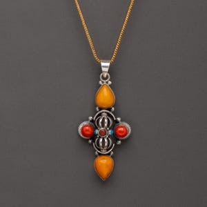 Handcrafted Vajra Locket | Sterling Silver Tibetan Pendant | Tibetan Jewelry with Turquoise & Coral Stone | Tibetan Spiritual Silver Pendant