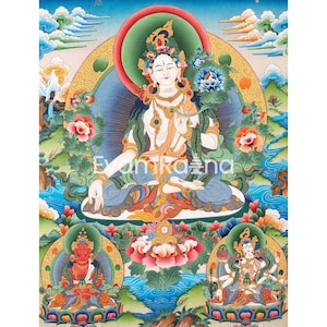 White Tara | Female Bodhisattva Hand-Painted Tibetan Art | cheapest Medium Size Quality Original Religious Wall Deco Painting | Tibetan Buddhist Art