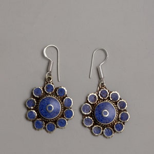 Himalayan Lapis Earrings with Traditional Floral Patterns | Tibetan Earrings | Unique Lapis Earring | Traditional Buddhist Crafts | Gift Her