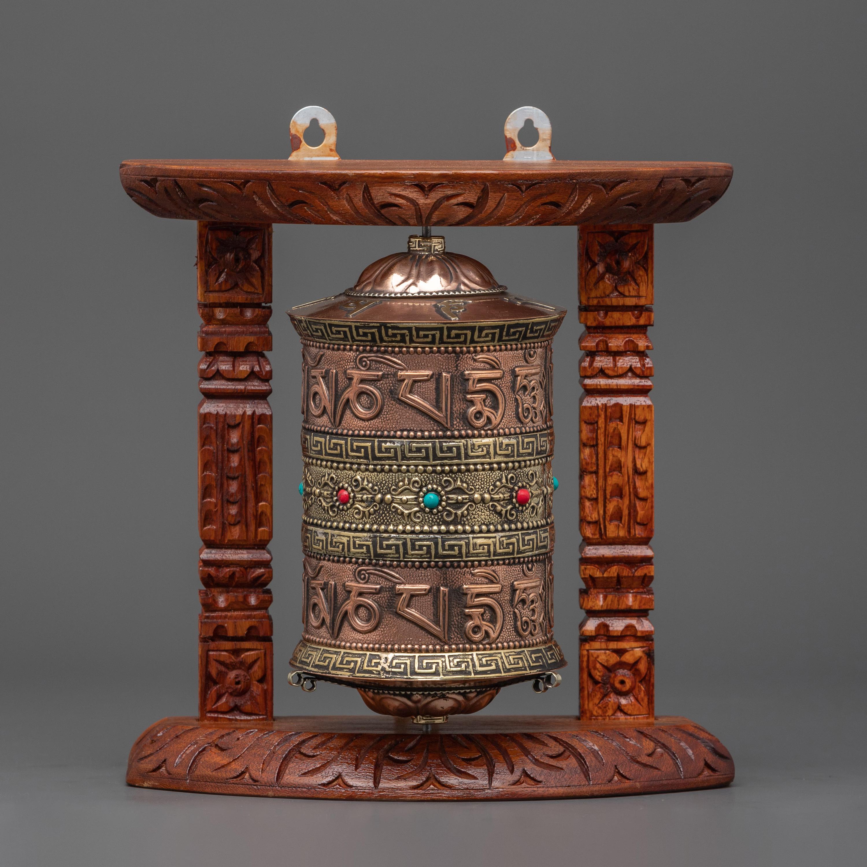 Tibetan Prayer Wheel With Wood Frame | Sacred Buddhist Tibetan Prayer Wheel With Wood Frame | Sacred Buddhist