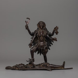Standing Mahakali Stepping on Shiva Statue | Handmade Brass Hindu Goddess Idol | Fierce Divine Protector for Home Altar | Spiritual Decor
