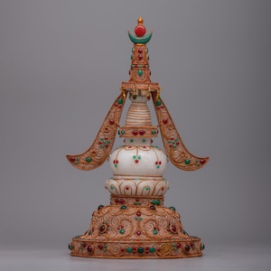 Stupa bouddhiste en cristal plaqué or 24 carats | Stupa fait main de style pagode | Aide à la méditation | Ancienne relique de Bouddha | Décoration d&#39;intérieur spirituelle