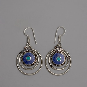 Lapis lazuli Dangle Earrings | Tibetan Silver Plated Earrings with Details | Buddhist Art Deco Earrings | Traditional Tibetan Earrings
