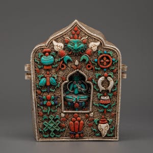 Tibetan Treasure Box &quot;Ghau&quot; | Handmade Nepalese Craft | Eight Auspicious Symbols | Pure Silver with Antique Finishing | Tibetan Sacred Art