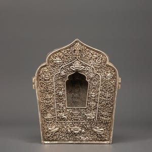 Handcrafted Silver Tibetan Ghau Box | Copper Buddhist Amulet Shrine | Portable Prayer Box with Intricate Floral & Auspicious Symbol Carvings