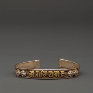 Tibetan Sterling Silver Bracelet with Gold Plated Mantra | Om Mani Padme Hum Cuff | Spiritual Protection Jewelry | Handmade Buddhist Bangle
