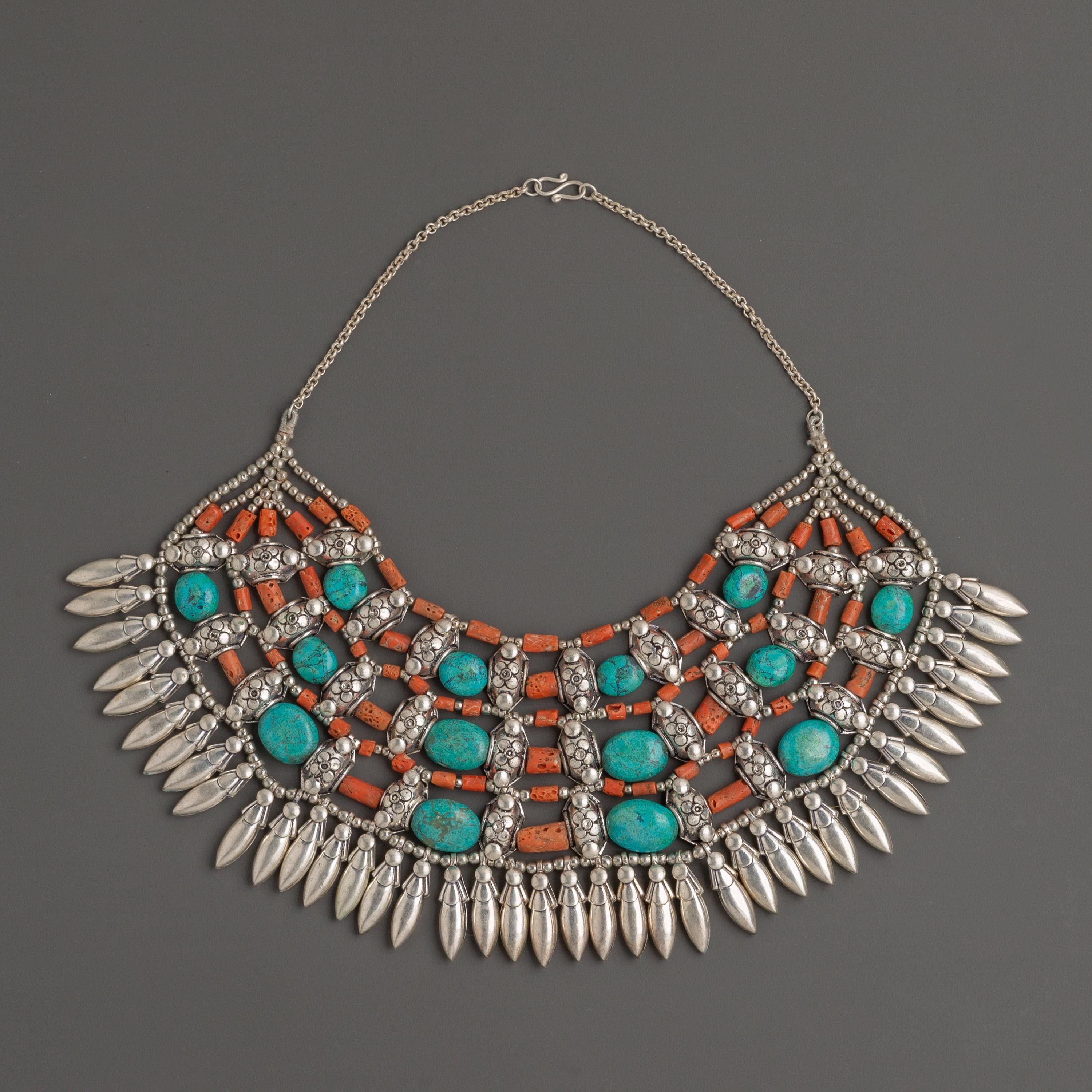 White Metal Tibetan Necklace with Turquoise & Coral Stones, Silver Plated Tribal Jewelry, Boho Statement Necklace, Handmade Ethnic Accessory
