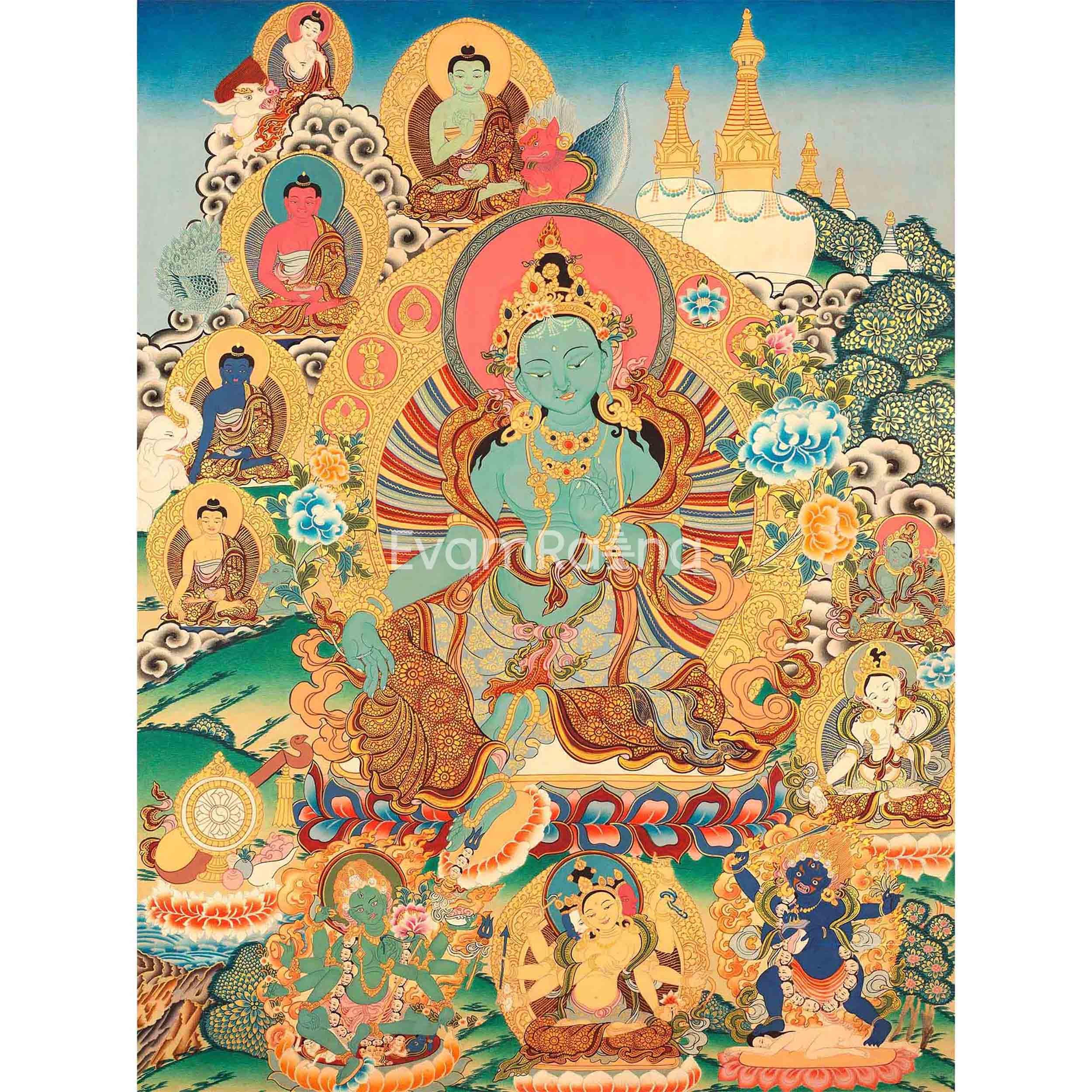 Divine Mother Goddess Green Tara Thangka | Fine Himalayan Art | For Wall Decoration and Shrine | Tibetan Traditional Hand Painted Artwork