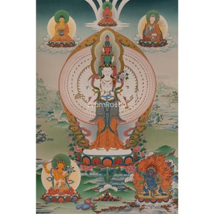 Avalokiteshvara Thangka | Chenrezig Thangka Painting With Manjushri & Vajrapani | High Quality Giclee Canvas Print | Spiritual Gift Ideas