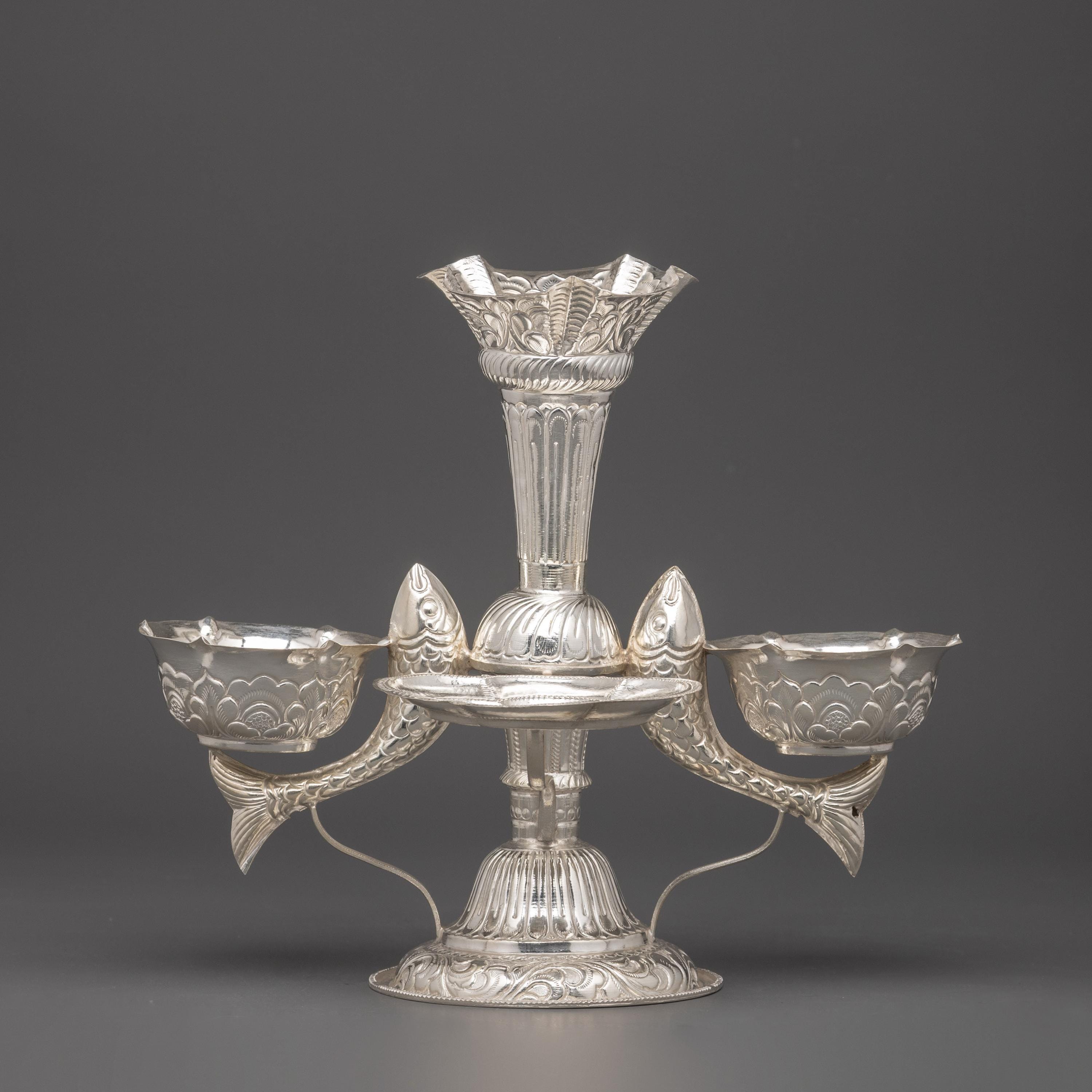 Machha Tikadani of Pure Silver | Jamara and Tika Holder for Dashain | Ritual Tika Holder with Jamara Vase | Nepali Ceremony Sacred Decor