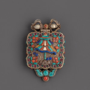 Spiritual Ghau Locket | Handcrafted Silver Pendant with Coral, Turquoise, Lapis Lazuli | Unique Tibetan Amulet for Meditation & Rituals