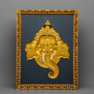 Wall Relief Art | Ganesh Original Hand-Carved Buddhist Thangka  | Buddhist and Hindu Deity | Ganesh Wall Hanging Art | Ganapati Baba Moriya
