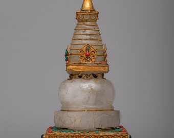 Buddhist Crystal Stupa | 24K Electro Gold Plated Handmade Boudha Like Stupa | Meditation Aid | Ancient Buddha Relic | Spiritual Home Decor