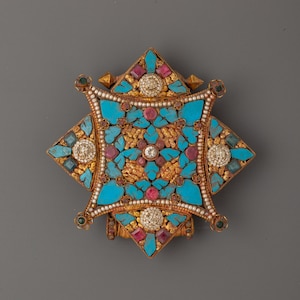 Handcrafted Tibetan Ghau Box Locket |  Copper Body with Gold and Silver Plating | Inlaid Artificial Stones of Lapis Lazuli and Turquoise