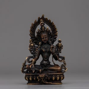 Oxidized Copper Green Tara Statue | Traditional Buddhist Statue for Meditation and Energy Work | Handcrafted Buddhist Spiritual Sculpture