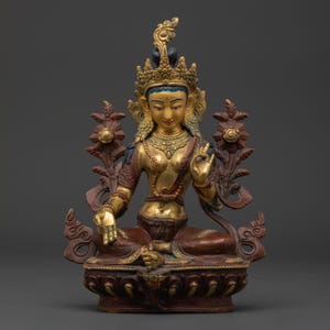 Green Tara Female Bodhisattva Statue | 22.5cm Gold-Plated Oxidized Copper | Tibetan Compassion Deity | Enlightened Goddess Altar Sculpture