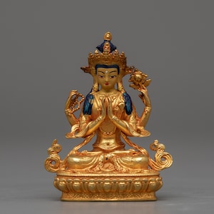 Golden Chenrezig Artwork | Original Himalayan HMachine Made Buddhist Statuette | Traditional Spiritual Art-work | 24K Gold Plated