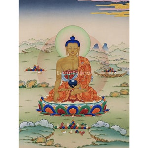 Seated Shakyamuni Buddha Thangka Print | Historical Buddha Tibetan Poster For Meditation | Tibetan Poster For Mindfulness | Canvas Art Print