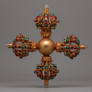 Powerful Bishwo Vajra | Double Dorje Vajra | Tibetan Ritual Item | Beautiful Vajra Stand | Rare Hand-Made Tibetan Buddhist Vajra | Nepal Art