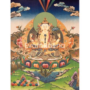4 Arm Chenrezig Bodhisattva | Compassion Deity Art | Tibetan Buddhist Thangka | Cotton Canvas | Perfect for Meditation and Altar Spaces