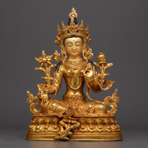 High Quality Handmade Buddhist Green Tara Statue in 24K Gold Gilded | Goddess Jetsun Dolma Sculpture | Tibetan Savior Idol | Himalayan Art |
